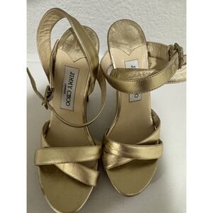 Jimmy Choo Gold Platform Heels Ankle Strap Leather Open Toe Designer Shoes